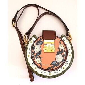NEW Miss Gail 7" Round Top Handle Bag w Crossbody Green/Brown Vegan Floral